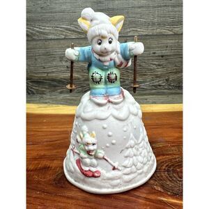 Teddy Bear On Snow Skis bell blue and white 5'' tall‎